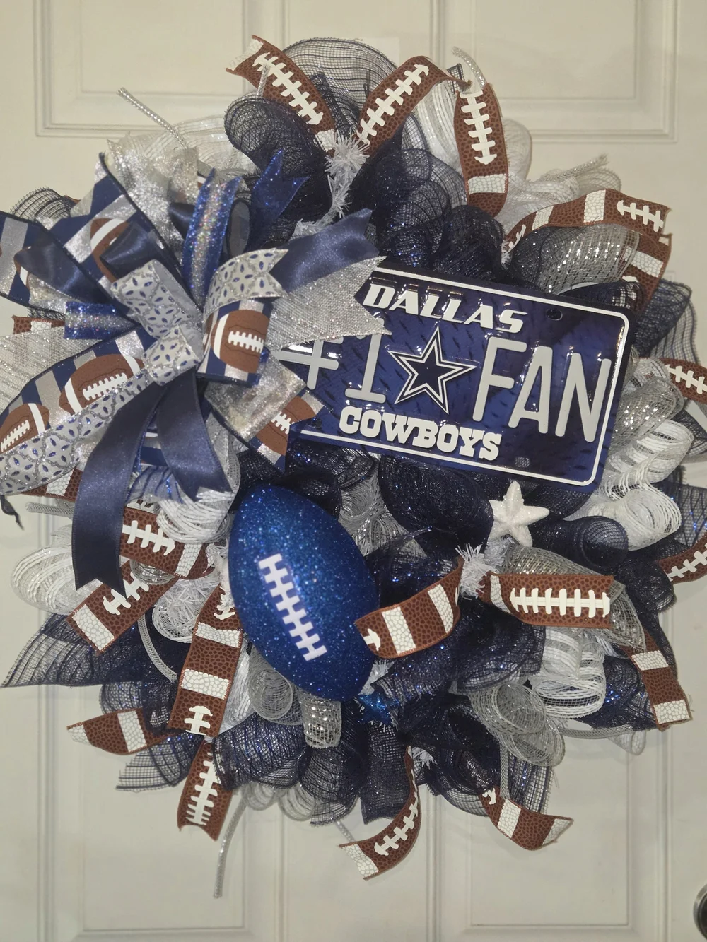 NFL Dallas Cowboys Navy Blue, Silver & Brown Football Fan Wreath